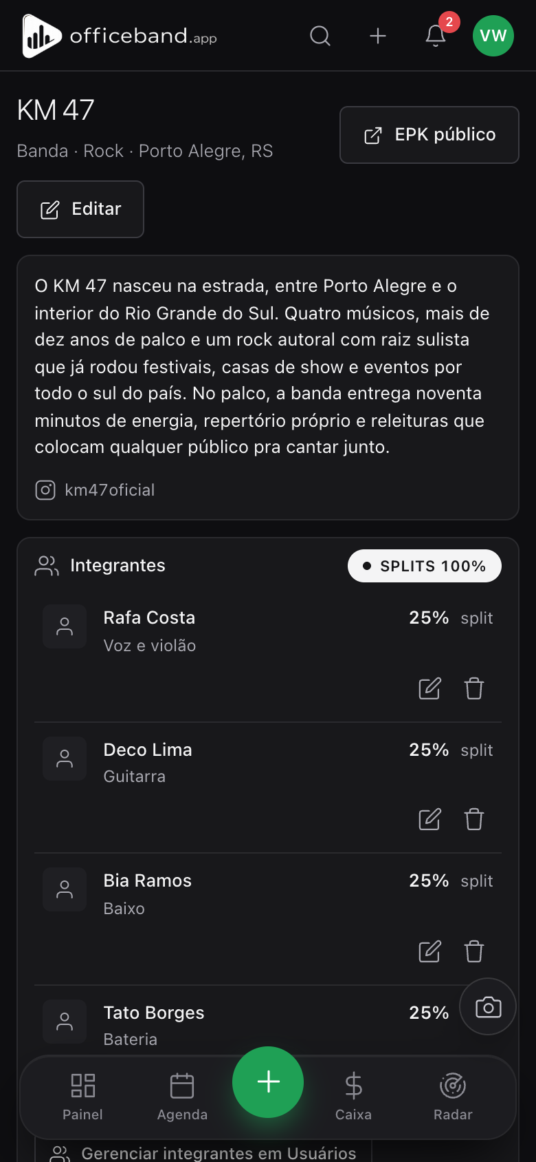 Tela de banda do OfficeBand