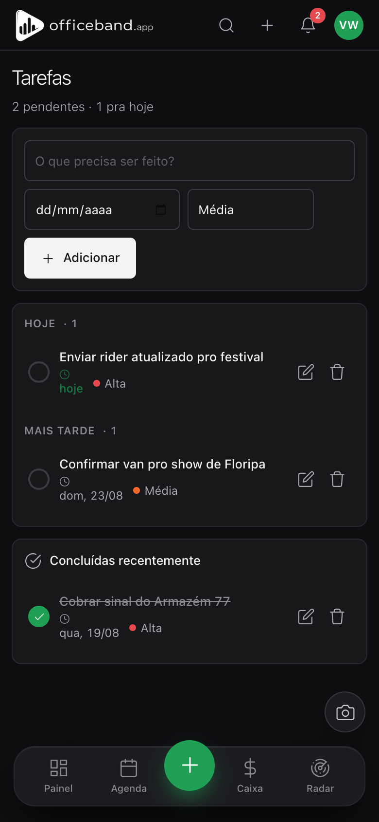 Tela de tarefas do OfficeBand